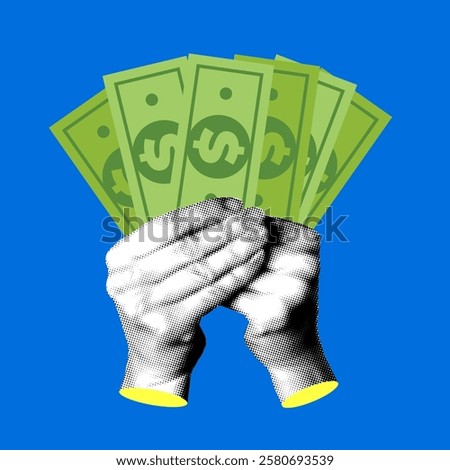Modern collage with halftone hands holding money. Money investments. Cash payment. Wealth concept. Hands holding paper dollars fanned out