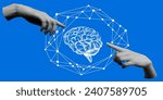 Modern collage with halftone hands and human brain. Retro halftone hands reach out to the brain. Concept of neural connections in the brain. Knowledge concept. Idea generation. Teamwork