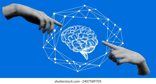 Modern collage with halftone hands and human brain. Retro halftone hands reach out to the brain. Concept of neural connections in the brain. Knowledge concept. Idea generation. Teamwork