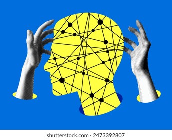 Modern collage with halftone hands and human head. Knowledge concept. Teamwork. Idea generation. Artificial intelligence and human interaction concept