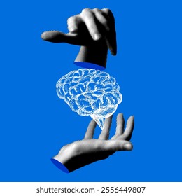 Modern collage with halftone hands and  human brain. Knowledge concept. Idea generation. Сoncept of artificial intelligence