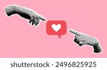 Modern collage with halftone hands and like button. Retro halftone hands reach out to the speech bubble with heart sign. Hands pointing index fingers at feedback sign. Social media addiction concept