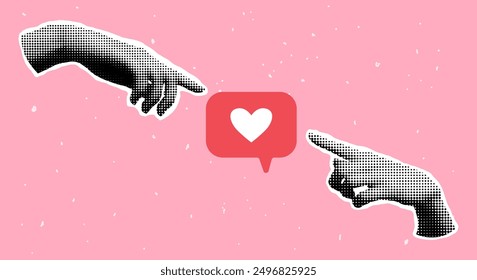 Modern collage with halftone hands and like button. Retro halftone hands reach out to the speech bubble with heart sign. Hands pointing index fingers at feedback sign. Social media addiction concept