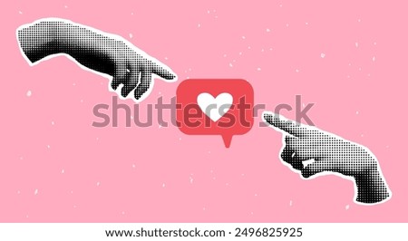 Modern collage with halftone hands and like button. Retro halftone hands reach out to the speech bubble with heart sign. Hands pointing index fingers at feedback sign. Social media addiction concept