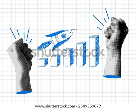 Modern collage. Halftone hands, rocket and sales growth chart. Concept of successful business. Person rejoices at successful startup