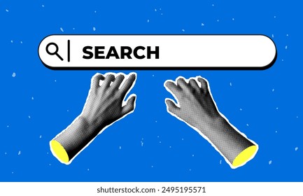 Modern collage with halftone hands and search box. SEO concept. Digitalization. Concept of searching, looking, finding opportunities and knowledge in internet. Search bar with a cursor. Newspaper part