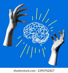 Modern collage with halftone hands and shining human brain. Knowledge concept. Joint cooperation. Teamwork. Idea generation