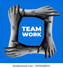 Modern collage with halftone hands. Teamwork, unity, partnership concept. People support each other. Ring of people hands. Working together. Friendship and cooperation concept. Team connection