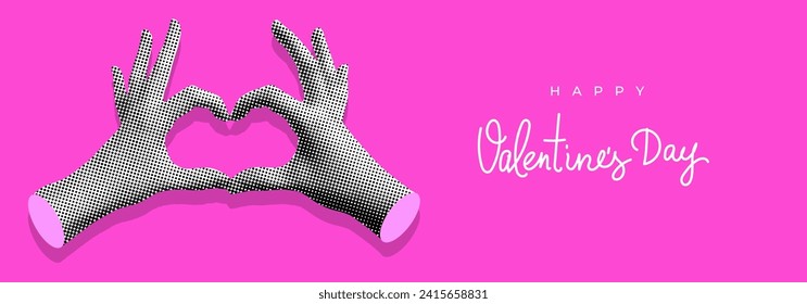 Modern collage. Halftone heart hands. Happy Valentines day banner. Trendy vintage newspaper body parts. Comic style hands. Heart shaped hands