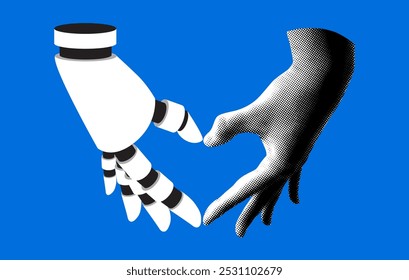 Collage moderno con medio tono humano y mano de robot doblado en forma de corazón. Tocar la mano humana y protésica. Cyborg y el brazo humano muestran el corazón juntos. Colaboración de inteligencia humana y artificial