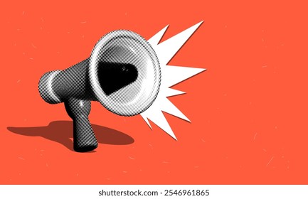 Colagem moderna com megafone de meio-tom no fundo vermelho. Alto-falante de partes de jornais retrô. Bullhorn de estilo pontilhado cômico. Anunciando a faixa de notícias, vendas