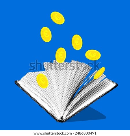 Modern collage with halftone open book and coins. Knowledge and business concept. Education, wisdom and study. Intellectual development. Smart thinking. Financial success. Non-fiction literature