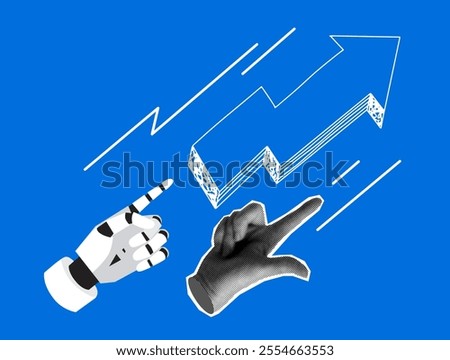 Modern collage with halftone pointing hand of human and robot. Robot and human collaboration. Business process automation. Concept of future technologies. Arrow up, sales growth. Machine learning