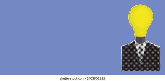 Modern collage with halftone style creative businessman with idea. Creative mind, brainstorm. Smart thinking. Vector illustration