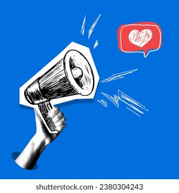 Modern collage with hand holding megaphone. Like button. Advertising concept. Advertising company. Sale announcements. Hand drawn design. Marketing. Promotion on social networks. Newspaper elements.