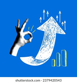 Modern collage with hand showing ok sign, hand drawn up arrow, chart. Sales growth concept. Successful campaign. Way out of the crisis. High sales figures. Good statistics. Newspaper halftone elements