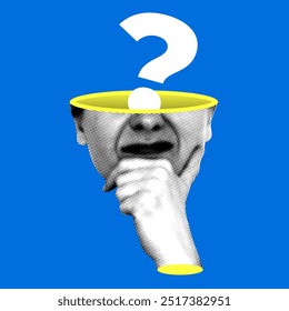 Modern collage with human head and question mark. Problem and solution concept. Halftone part of body. Puzzled woman. FAQ illustration. Person looking for an answer