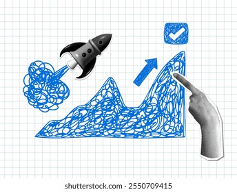 Modern collage with launching rocket, sales chart, halftone pointing hand. Data analysis. Marketing analytics. Concept of successful business