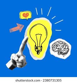 Modern collage with light bulb, hand, arrow, brain. Idea concept. Brainstorm. Hand drawn design. Marketing. Index finger cut from newspaper. Like button. Inspiration symbols. Creative thinking