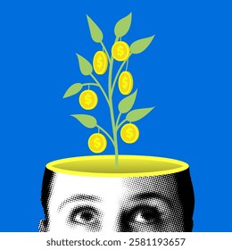 Modern collage with a money tree growing from a head. Brainstorm. Creative thinking and financial success. Knowledge and intelligence concept