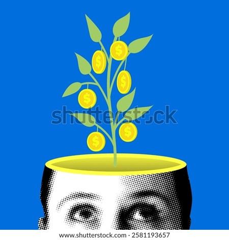 Modern collage with a money tree growing from a head. Brainstorm. Creative thinking and financial success. Knowledge and intelligence concept