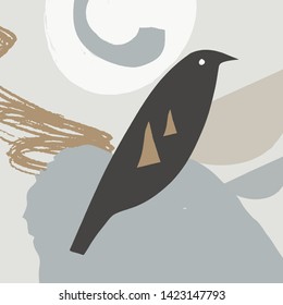 Modern collage pattern with bird. Scandinavian style nursery print. Nordic design for interior and other. Vector EPS clip art