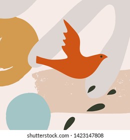 Modern collage pattern with bird. Scandinavian style nursery print. Nordic design for interior and other. Vector EPS clip art