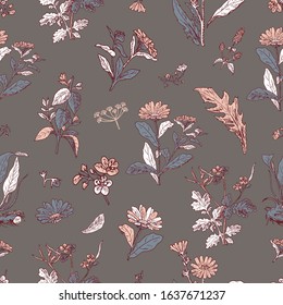 Modern collage of plant silhouettes and contours in pastel colors. Vector design for fashion, fabric, wallpaper and all prints. Hand drawn flowers on a gray background. Floral vintage background.