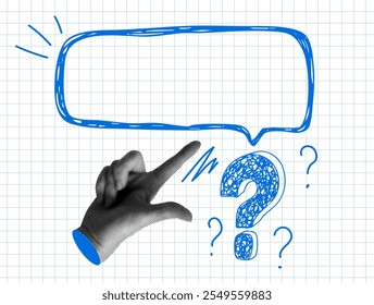 Modern collage with pointing hand and question mark. Halftone part of body. Doodle style question mark, speech bubble. FAQ sign. Question answer sign. Problem and solution concept