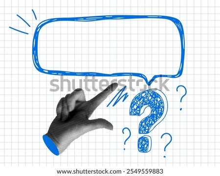 Modern collage with pointing hand and question mark. Halftone part of body. Doodle style question mark, speech bubble. FAQ sign. Question answer sign. Problem and solution concept