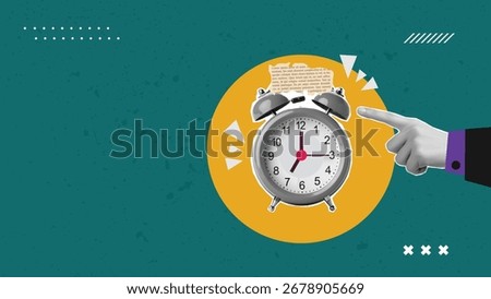 Modern collage pointing hands and alarm clock.