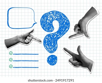 Modern collage with pointing hands and question mark. Halftone part of body. Doodle style question mark, speech bubble, checkbox. FAQ sign. Question answer sign. Problem and solution concept