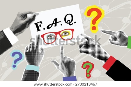 Modern collage with pointing hands and question marks. Torn paper. Halftone part of body. Question mark cut out from paper. FAQ sign. Question answer sign. Problem and solution concept