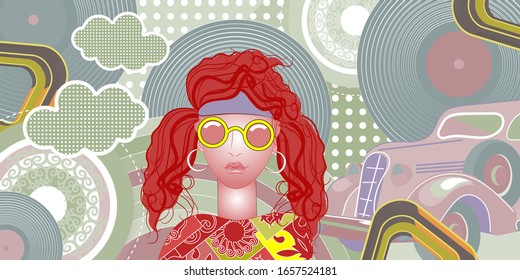 Modern collage in pop art style. Girl with long hair in a bandana and glasses,flying vinyl records, retro car and other items. Vector illustration