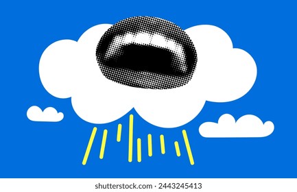 Modern collage. Pop art style smiling mouth and clouds. Halftone female lips in retro comic style. Happiness, success concept. Paradise pleasure. Woman glows with happiness. Joy of the Winner