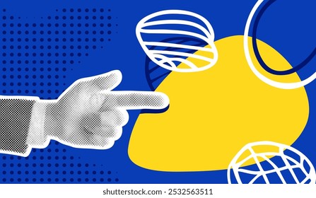 Modern collage in pop art style for poster or banner design. Halftone hand pointing with index finger to copy space. Yellow and blue colors