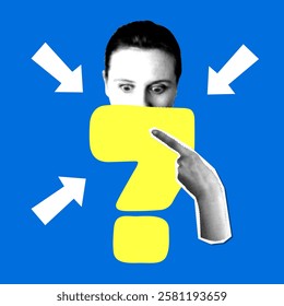 Modern collage with question mark, surprised woman, halftone pointing hand and arrows. FAQ sign. Question answer sign. Problem and solution concept