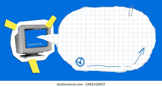 Moderne Collage mit Retro-Halbtoncomputer und Sprechblase. PC im Stil der 90er Jahre. Abgerissenes Schachbrettmuster. Online-Einkaufskonzept. Banner mit Kopierbereich für E-Mail-Newsletter. Zeitungs-Elemente ausschneiden 