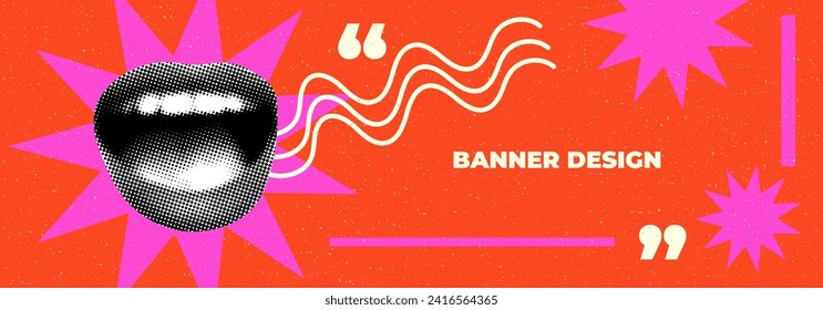 Modern collage. Retro halftone mouth, paper cut out elements. Comic style screaming mouth. Torn paper. Trendy vintage newspaper body parts. 50s style lips. Banner to attract attention, advertising