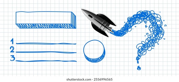 Modern collage with rocket launch and question mark. Rocket exhaust gases draw a question mark. Doodle style question mark, checklist. Problem and solution concept