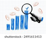 Modern collage with sales chart. Halftone hand holding a magnifying glass. Successful business concept. Trendy newspaper elements. Doodle style graph, coins. Marketing analysis concept