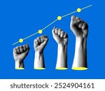 Modern collage with sales chart. Halftone hands raised up with closed fist. Concept of financial success. Teamwork 