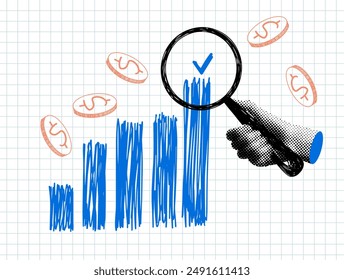 Collage moderno con gráfico de ventas. Mano de semitono sosteniendo una lupa. Concepto de negocio exitoso. Elementos de periódico de moda. Gráfico de estilo Doodle, monedas. Concepto de análisis de marketing