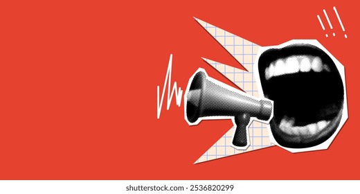 Modern collage with screaming mouth and bullhorn. Halftone newspaper elements. Advertising banner with megaphone and copy space. Woman shouting into loudspeaker