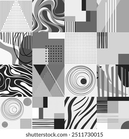 Modern collage seamless pattern design geometric shapes gradations gray halftone lines wavy textures. Minimalistic template in scandinavian style. Trendy vector graphic wallpaper, textile, banner