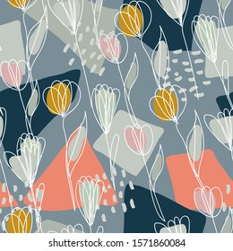 modern collage, seamless pattern with one line flowers. Tulip blossom