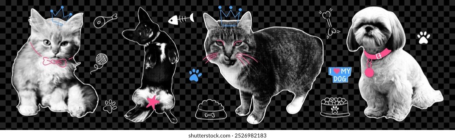 Modern collage set with funny cats and dogs in different poses with doodle elements. Trendy y2k aesthetic