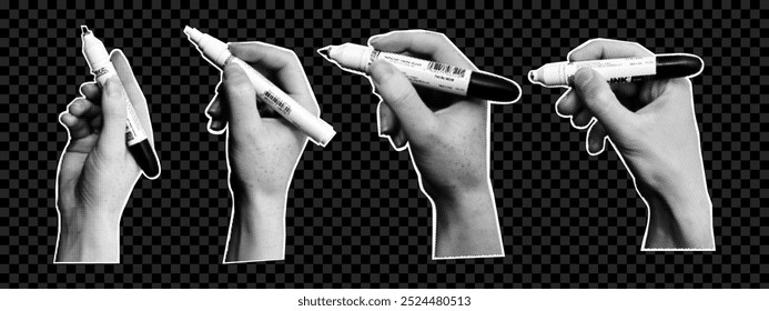 Modern collage set with hands holding marker on transparent background. Retro halftone effect