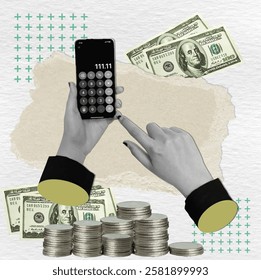 A modern collage showcasing hands using a calculator app on a smartphone surrounded by stacks of cash, highlighting digital finance and budgeting themes.