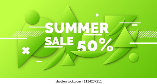 Modern collage of simple geometric shapes. Abstract composition and background for Summer sale poster. Vector illustration.